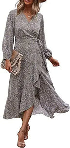 Wrap V-Neck Balloon Sleeve Ruffle Trim High-Low Hem Floral Midi Dress