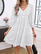Polka Dot Print V-Neck Puff Sleeve Empire Waist Mini Dress