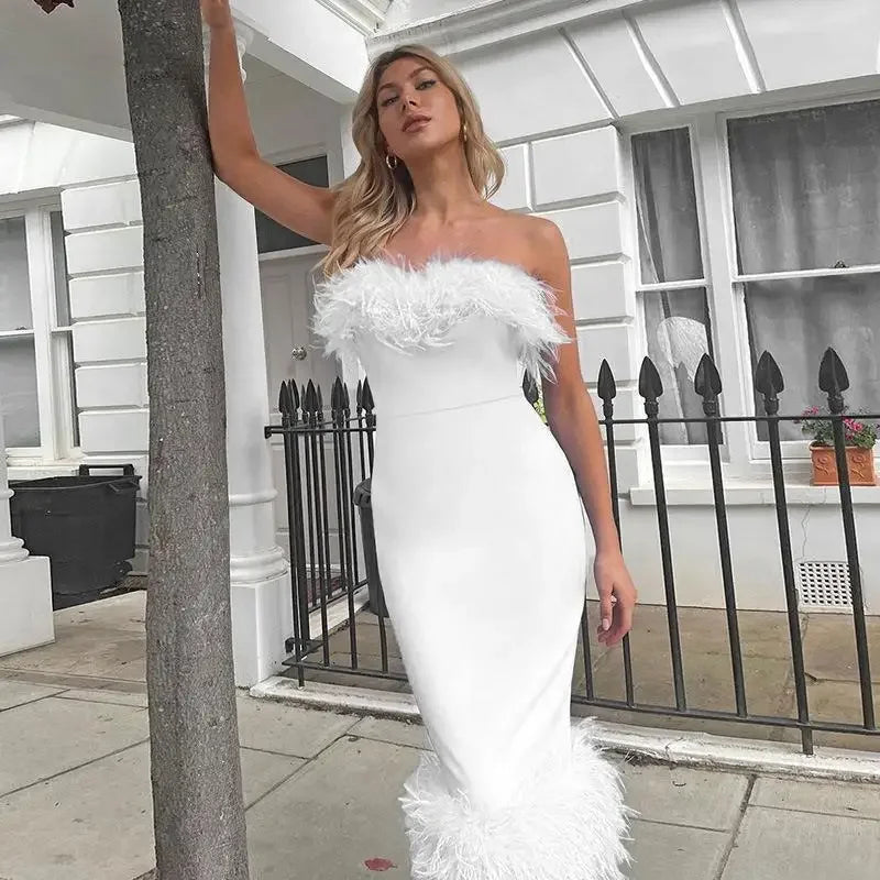 Strapless Feather Trim Neckline and Hem Bodycon Midi Dress