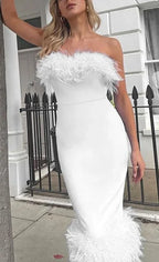 Strapless Feather Trim Neckline and Hem Bodycon Midi Dress