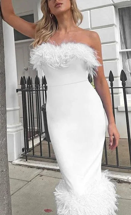 Strapless Feather Trim Neckline and Hem Bodycon Midi Dress