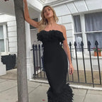 Strapless Feather Trim Neckline and Hem Bodycon Midi Dress