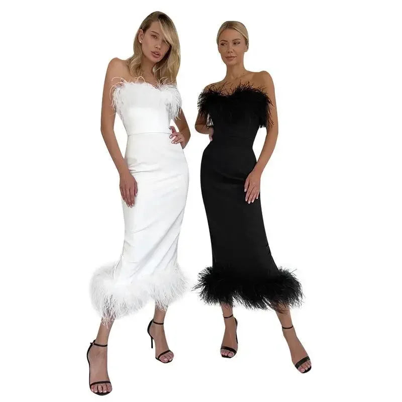 Strapless Feather Trim Neckline and Hem Bodycon Midi Dress