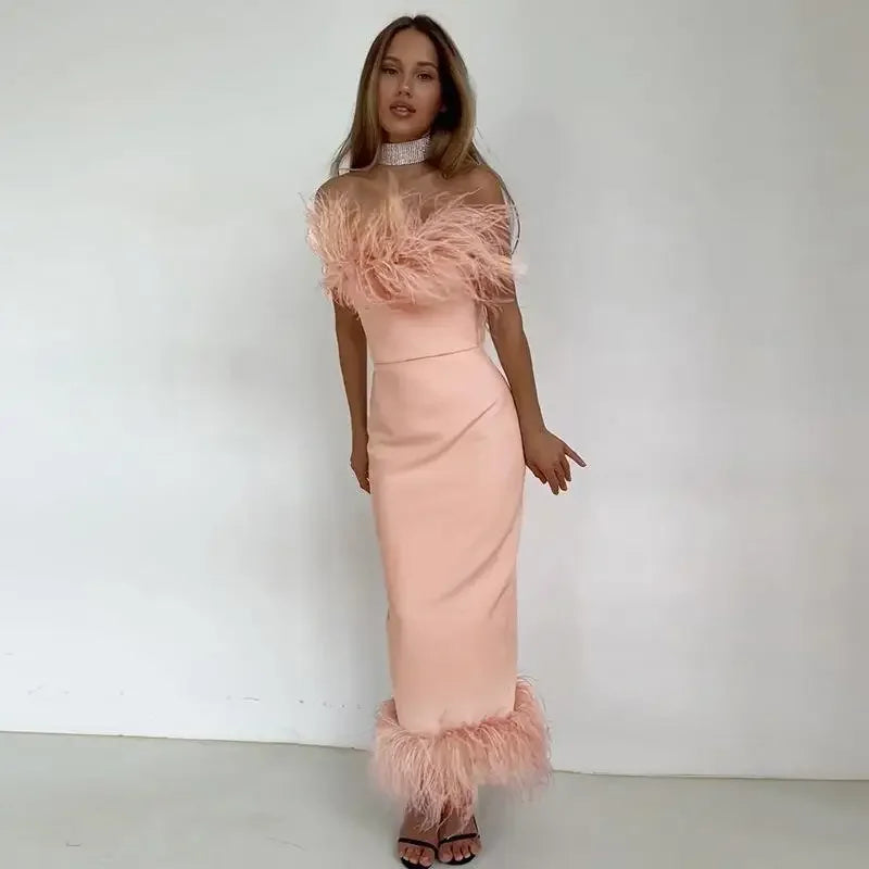 Strapless Feather Trim Neckline and Hem Bodycon Midi Dress