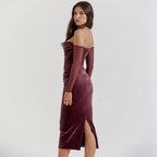 Velvet Off Shoulder Mesh Long Sleeve Ruched Bodycon Midi Dress