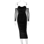 Velvet Off Shoulder Mesh Long Sleeve Ruched Bodycon Midi Dress