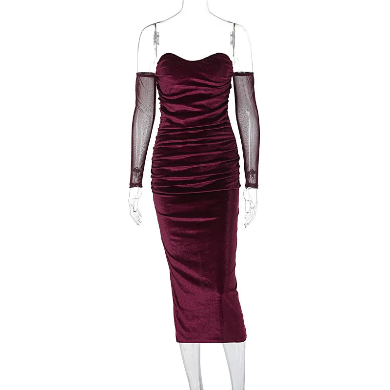 Velvet Off Shoulder Mesh Long Sleeve Ruched Bodycon Midi Dress