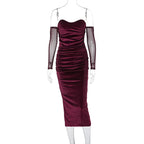 Velvet Off Shoulder Mesh Long Sleeve Ruched Bodycon Midi Dress