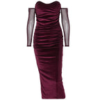 Velvet Off Shoulder Mesh Long Sleeve Ruched Bodycon Midi Dress