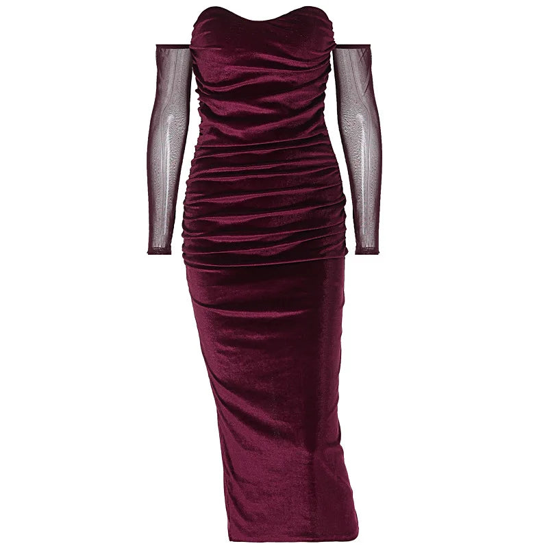 Velvet Off Shoulder Mesh Long Sleeve Ruched Bodycon Midi Dress