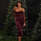 Velvet Off Shoulder Mesh Long Sleeve Ruched Bodycon Midi Dress