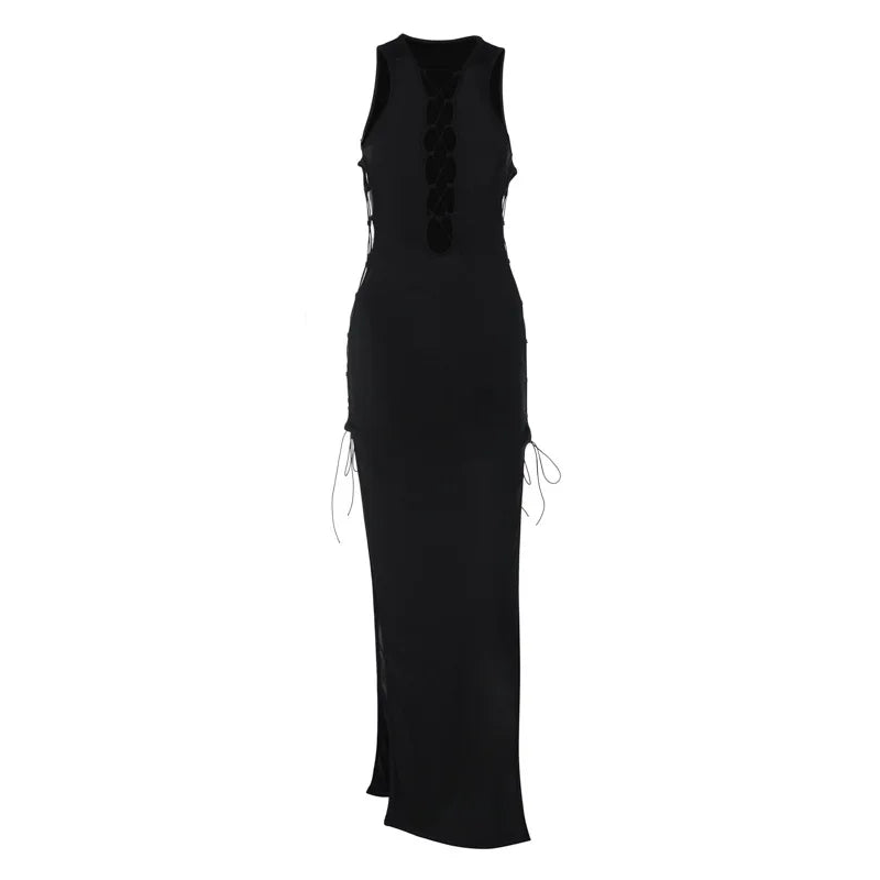 Halter Lace Up Cutout Side Slit Bodycon Maxi Dress