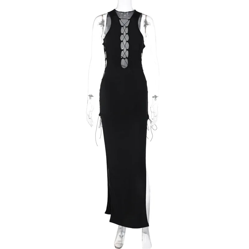 Halter Lace Up Cutout Side Slit Bodycon Maxi Dress