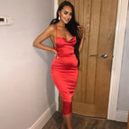 Satin Cowl Neck Spaghetti Strap Side Ruched Midi Dress