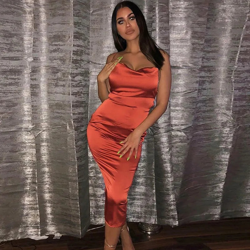 Satin Cowl Neck Spaghetti Strap Side Ruched Midi Dress