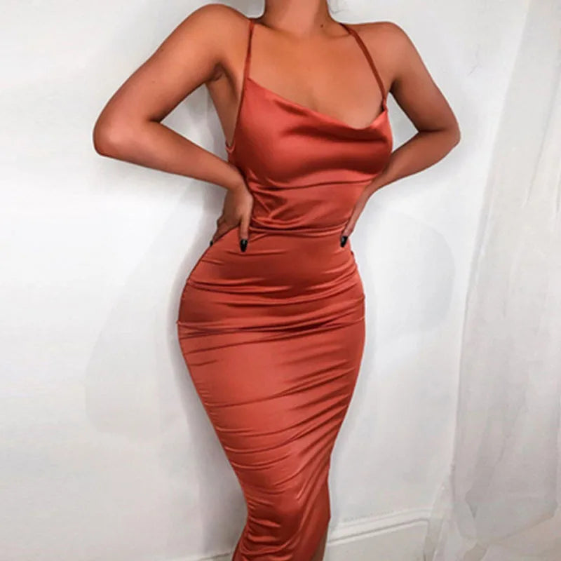 Satin Cowl Neck Spaghetti Strap Side Ruched Midi Dress