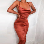 Satin Cowl Neck Spaghetti Strap Side Ruched Midi Dress