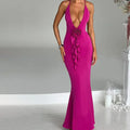 Halter Plunging V-Neck 3D Rosette Cascade Ruffle Mermaid Maxi Gown