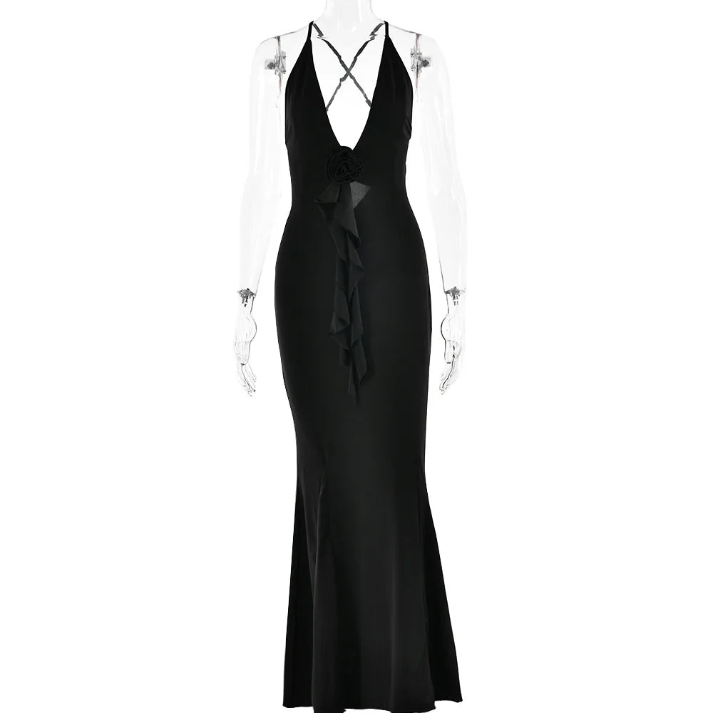 Halter Plunging V-Neck 3D Rosette Cascade Ruffle Mermaid Maxi Gown