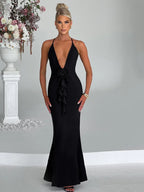 Halter Plunging V-Neck 3D Rosette Cascade Ruffle Mermaid Maxi Gown