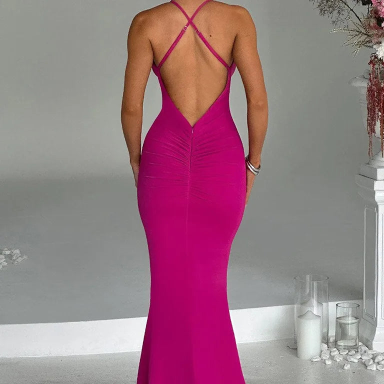 Halter Plunging V-Neck 3D Rosette Cascade Ruffle Mermaid Maxi Gown