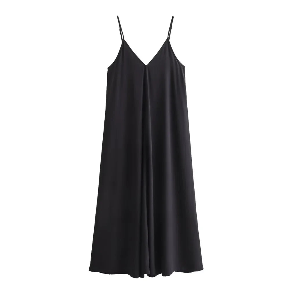 Spaghetti Strap Deep V-Neck Loose Fit A-Line Maxi Dress