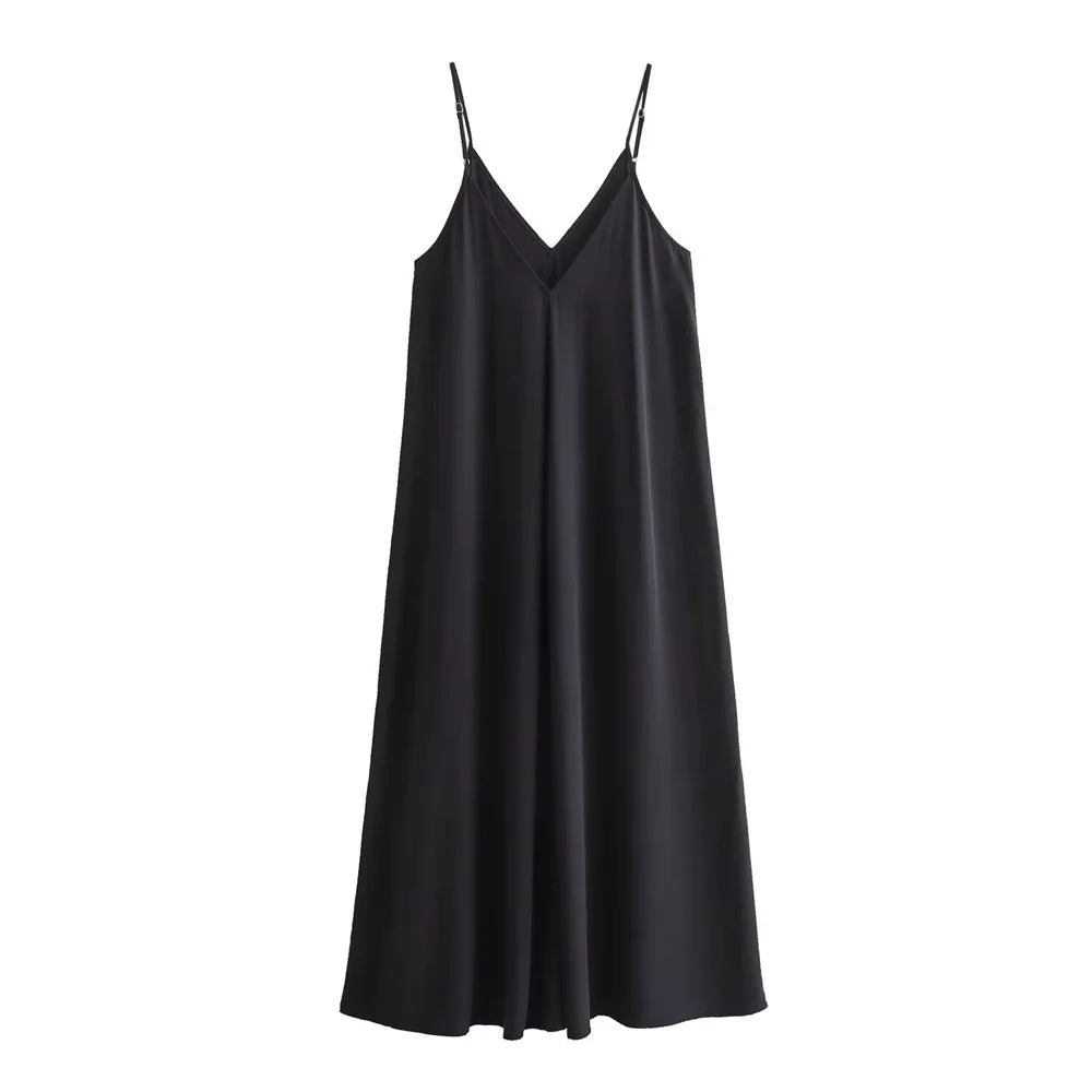Spaghetti Strap Deep V-Neck Loose Fit A-Line Maxi Dress