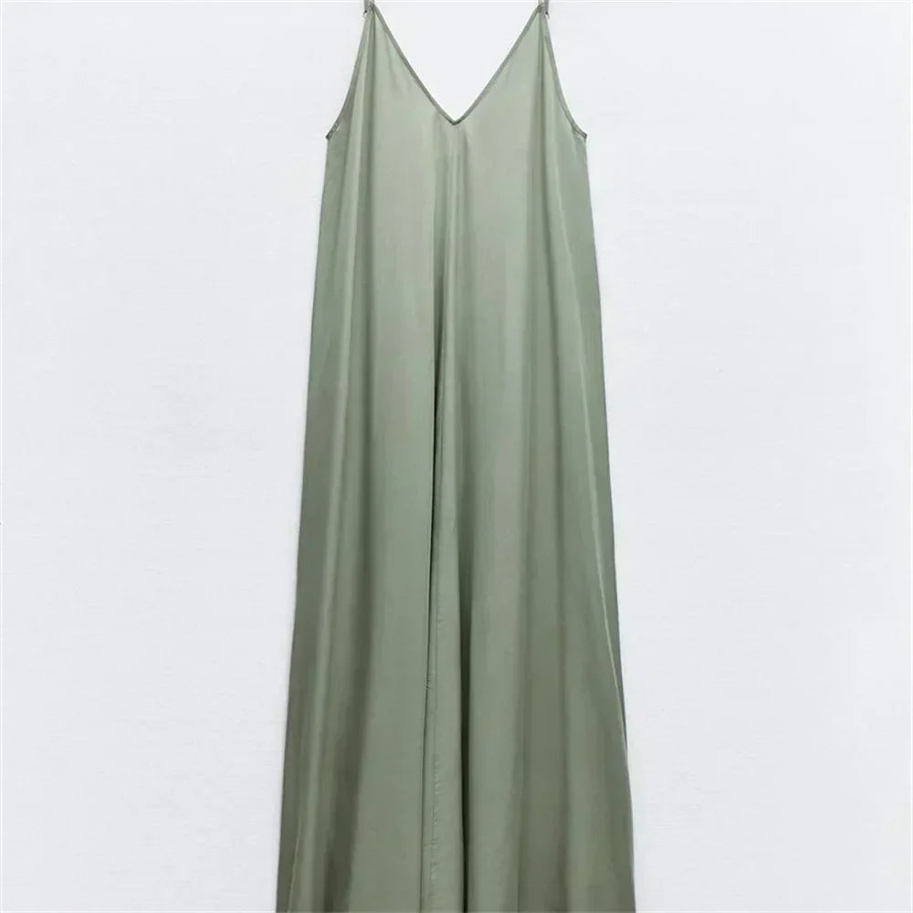 Spaghetti Strap Deep V-Neck Loose Fit A-Line Maxi Dress