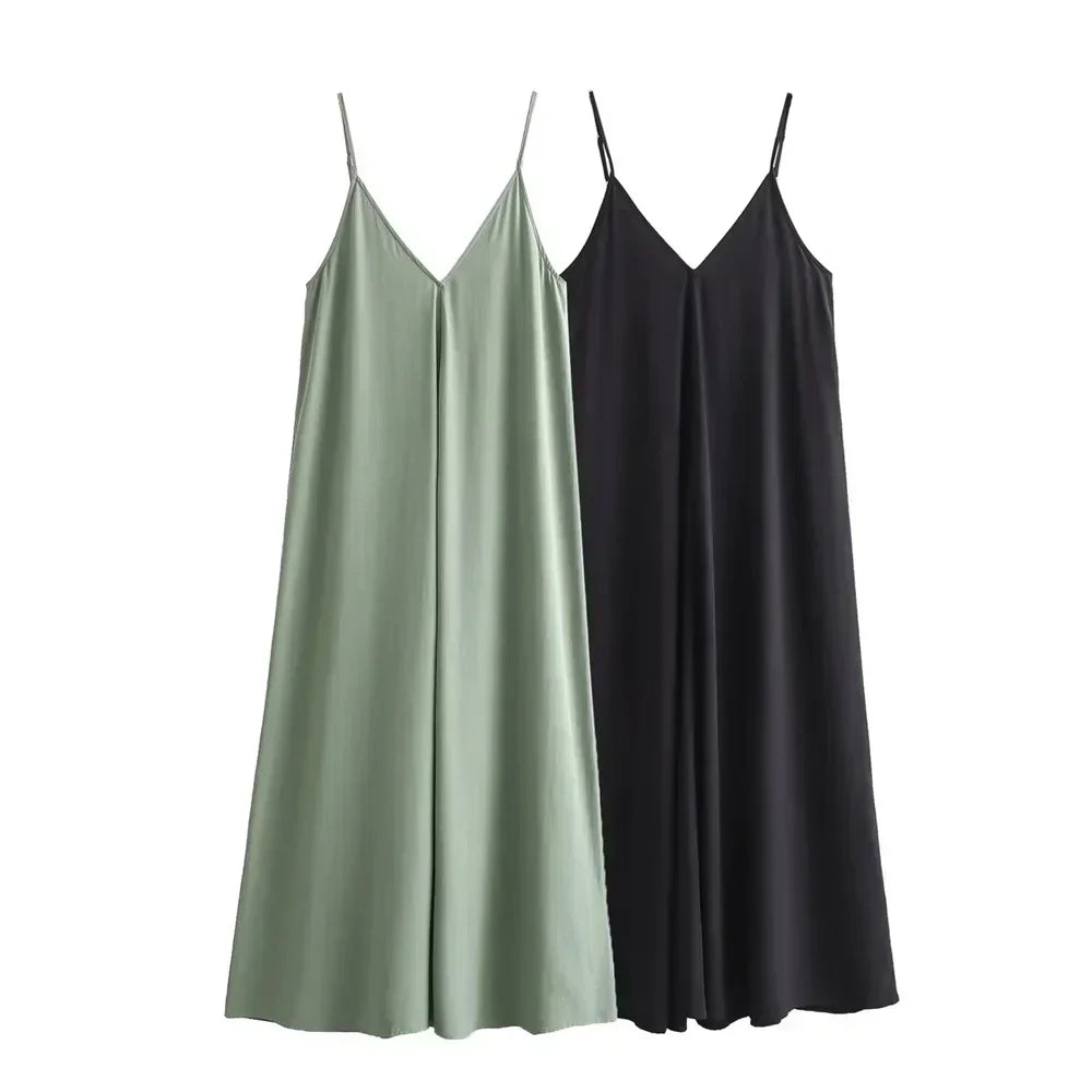 Spaghetti Strap Deep V-Neck Loose Fit A-Line Maxi Dress
