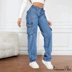 Blue Autumn Cargo Women High Waist Button Pocket Denim Pants High Quality Female Cowboy Jeans