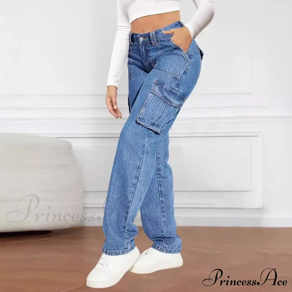 Blue Autumn Cargo Women High Waist Button Pocket Denim Pants High Quality Female Cowboy Jeans