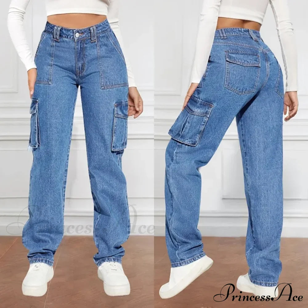 Blue Autumn Cargo Women High Waist Button Pocket Denim Pants High Quality Female Cowboy Jeans