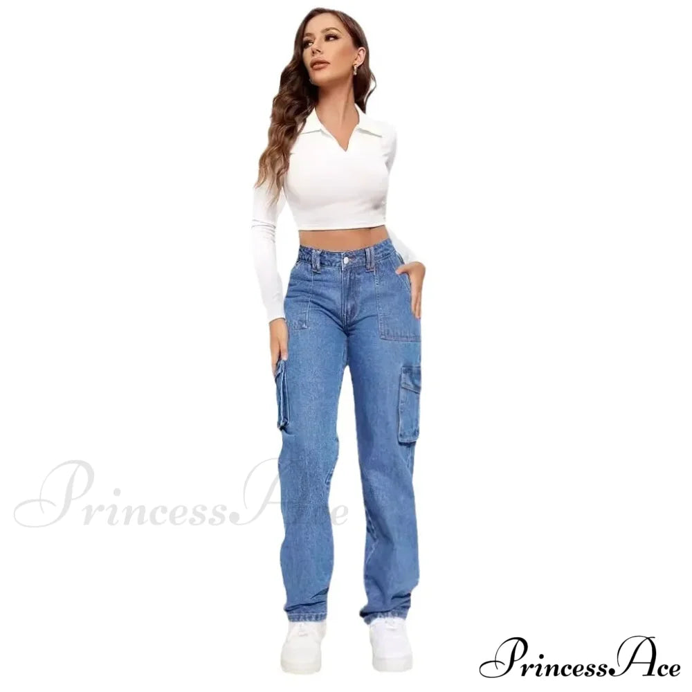 Blue Autumn Cargo Women High Waist Button Pocket Denim Pants High Quality Female Cowboy Jeans