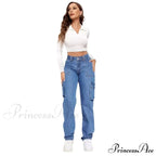 Blue Autumn Cargo Women High Waist Button Pocket Denim Pants High Quality Female Cowboy Jeans