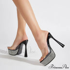 Gold Metal Thin High Heel Slippers with Crystal Rhinestone Platform Sandals for Women