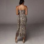 Cross Strap Plunging V-Neck Spot Print Bodycon Midi Dress