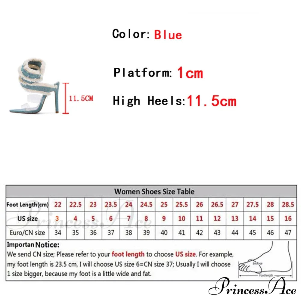 New Design Denim Ankle Snake Surround Strap Sandal Women Transparent PVC Summer High Heels Party Stripper Shoes Pumps