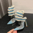 New Design Denim Ankle Snake Surround Strap Sandal Women Transparent PVC Summer High Heels Party Stripper Shoes Pumps