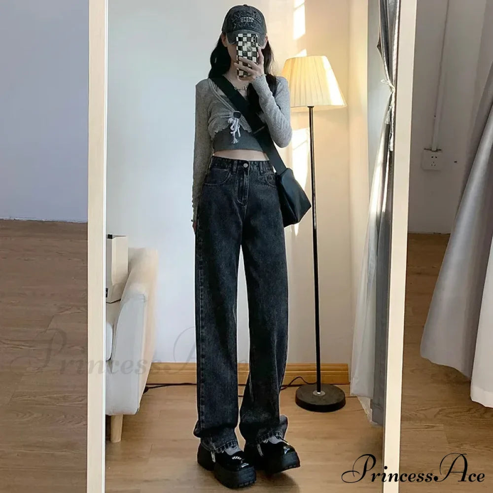 Spring Autumn New Vintage Waist Pants For Women Korean Fashion Streetwear Straight Casual Baggy Woman Jeans