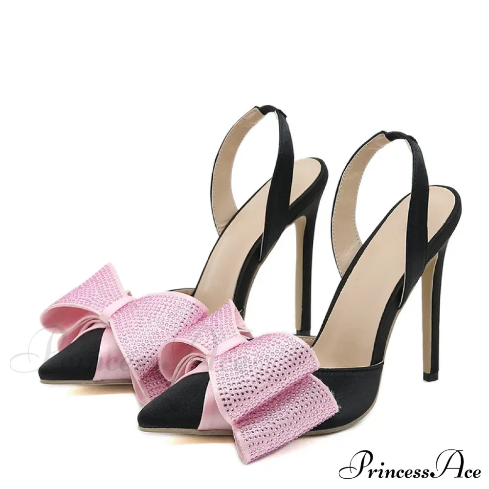 Spring Summer Women's Crystal Bowknot Slingback Sandals - Pointed Toe High Heels Wedding Prom Shoes
