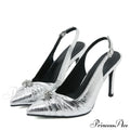 Spring Women's Silver High Heel Pumps with Pleated Pointed Toe and Back Buckle Strap