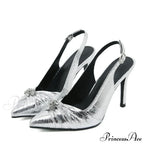 Spring Women's Silver High Heel Pumps with Pleated Pointed Toe and Back Buckle Strap