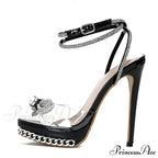 Summer Fashion Crystal Bowknot Transparent Sandals Women Silver Chain High Heels Sandalias