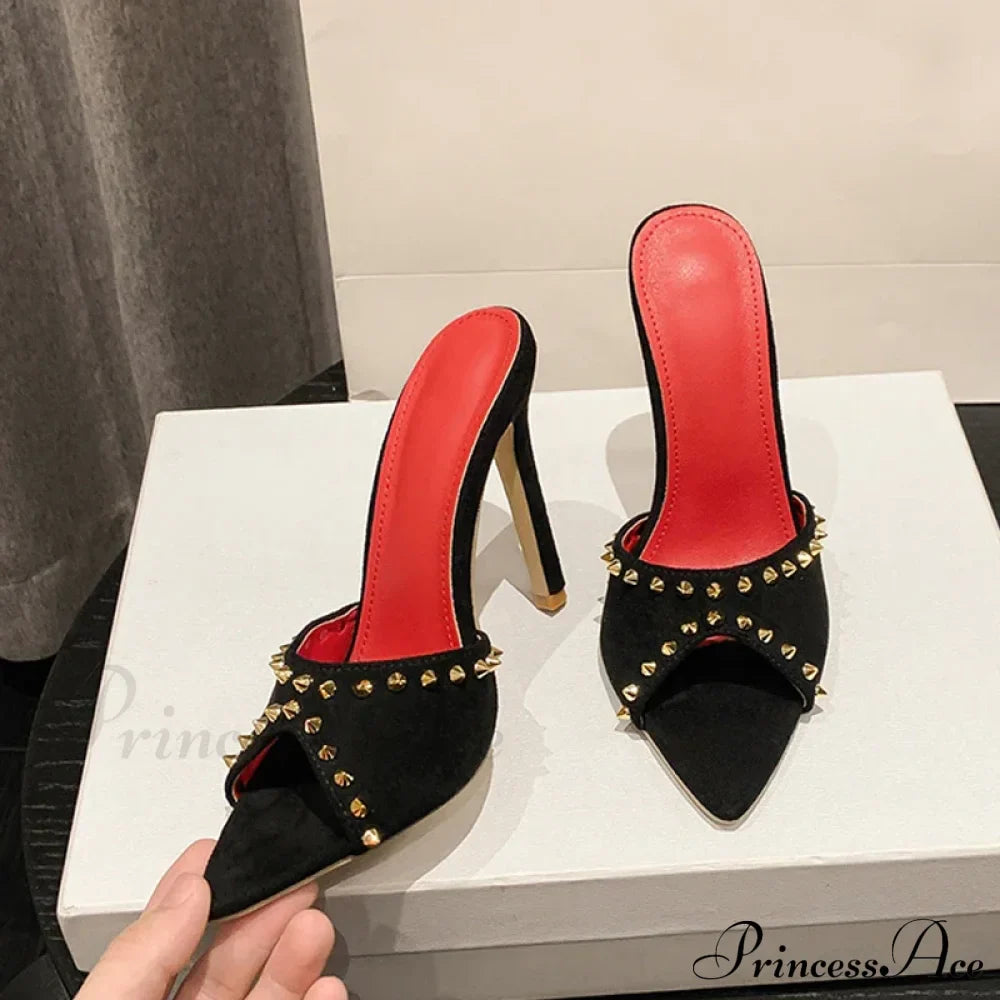 Summer Fashion Metal Rivet Designer High Heels Women Slippers Pointed Toe Party Stripper Shoes Mules Sandals
