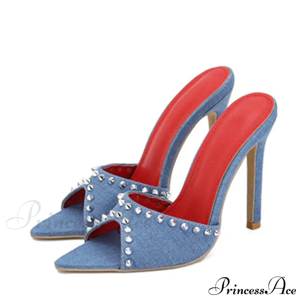 Summer Fashion Metal Rivet Designer High Heels Women Slippers Pointed Toe Party Stripper Shoes Mules Sandals