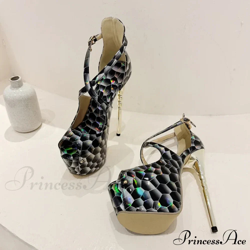 Summer Platform High Heels Pumps Sandal Women Sexy Snake Print Peep Toe Buckle Strap Banquet Dress Shoe