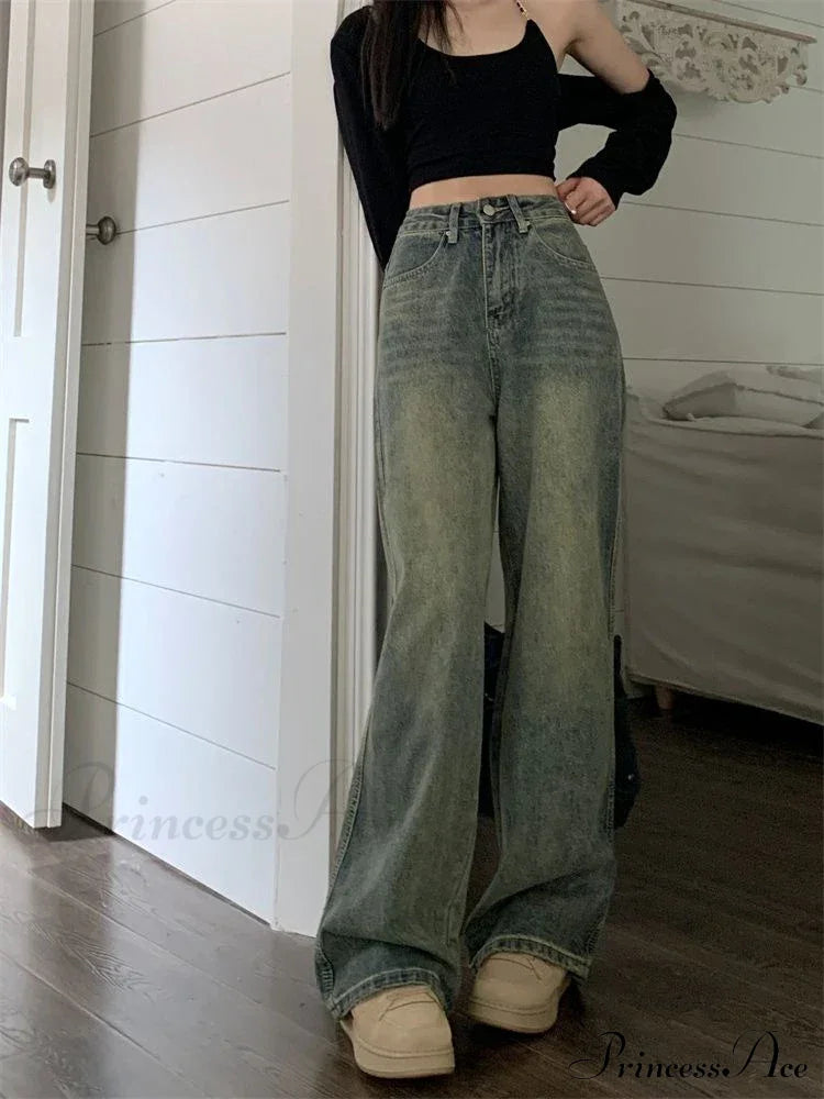 Vintage Korean Denim Pants Y2K American Retro Waist Cowboy Slim Straight Leg Wide Leg Cowboy Jeans