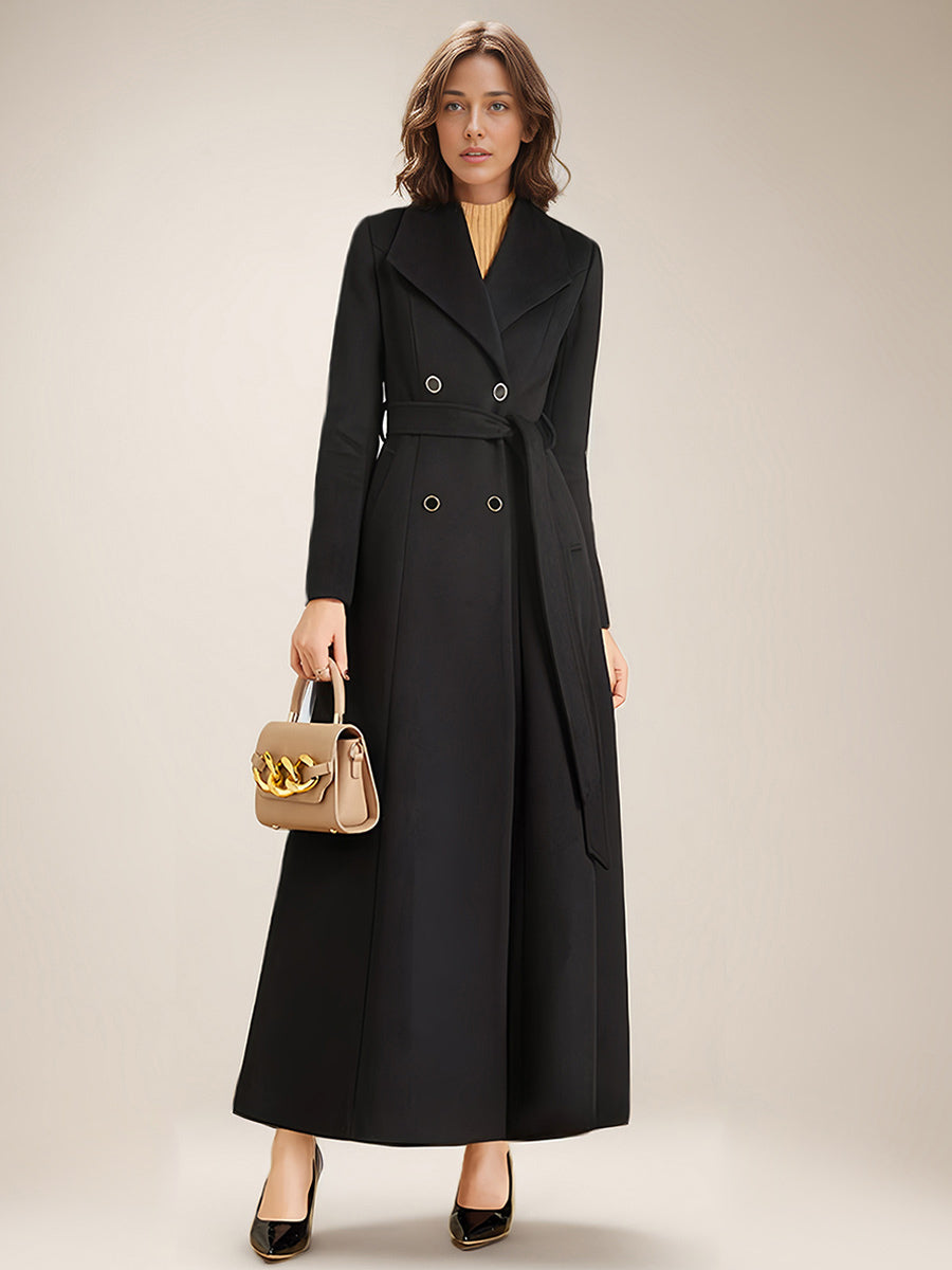 Maxi Woolen Coat For Women Double-breasted Large Lapel Belted A-line Full Length Winter Outerwear 2026