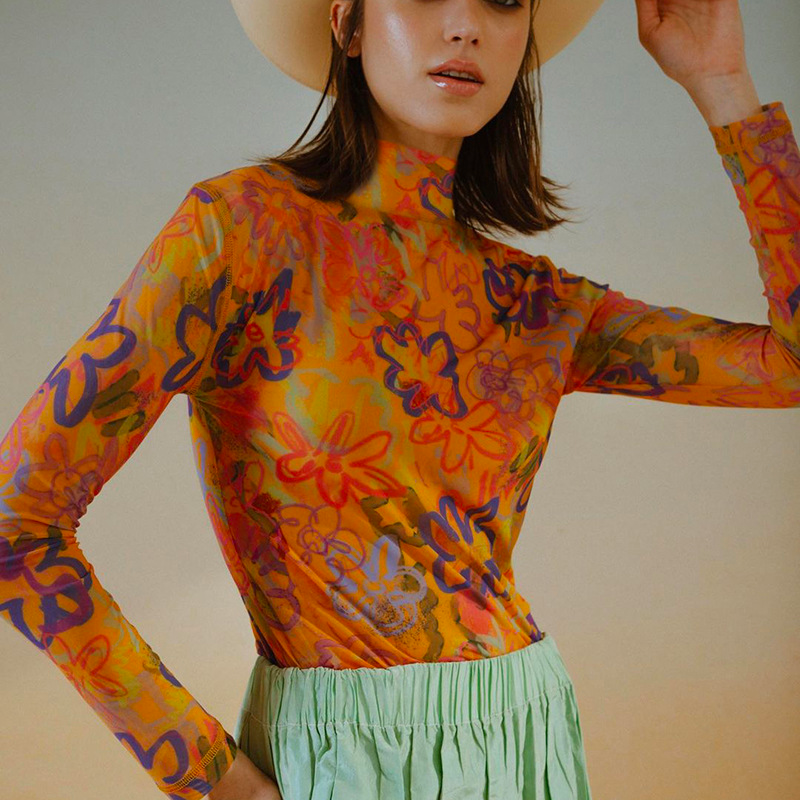 Turtleneck Long Sleeves Floral Slim Fit Top