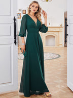 Dark Green Dress Chiffon Half Sleeves Empire Waist Prom Maxi Dresses
